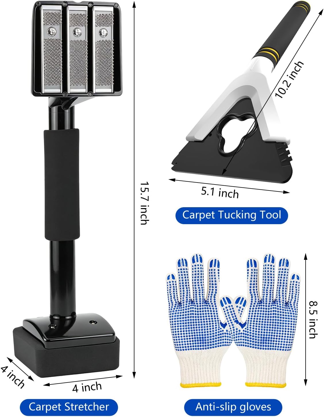 Carpet Knee Kicker Tool Kit with Carpet Tucker, Stretcher Tools for Carpet Stretching and Tucking with Anti-slip Gloves for Carpet Installation Work