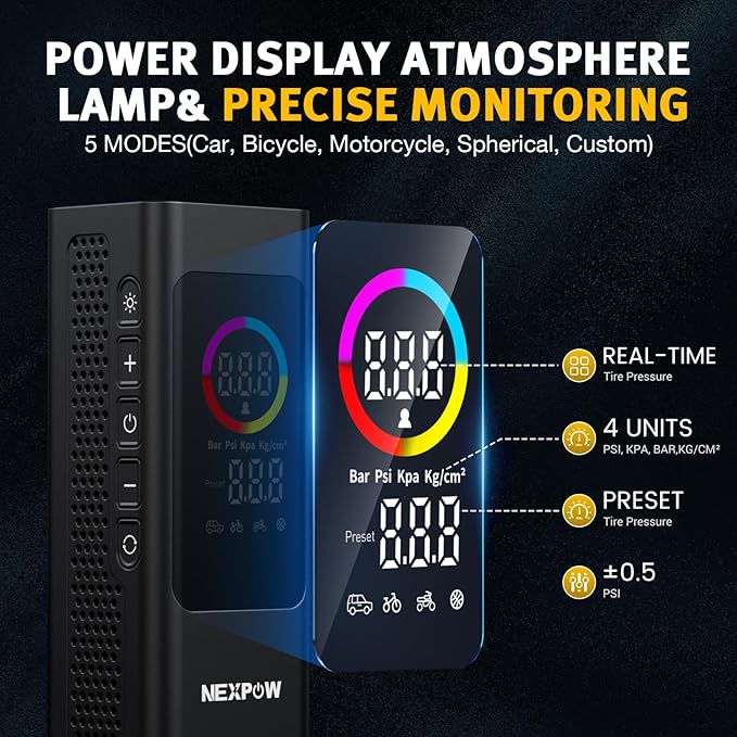 NEXPOW 150 PSI Tire Inflator Portable Air Compressor, 12000mAh Battery Auto - Image 3