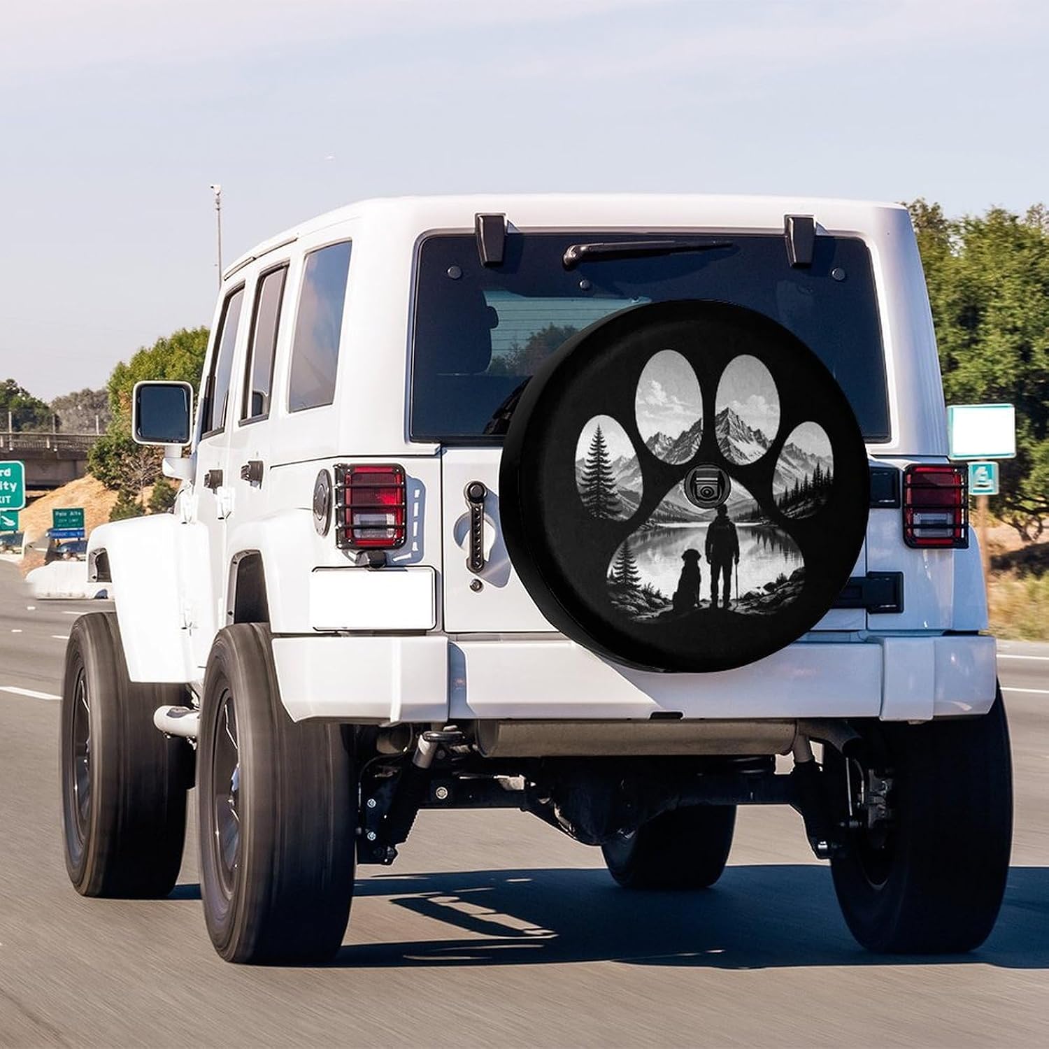 Mountain Dog Paw Print Spare Tire Cover with Backup Camera Hole Waterproof Dust-Proof UV Sun Wheel Covers for RV Trailer RV SUV Truck and Many Vehicle 17inch