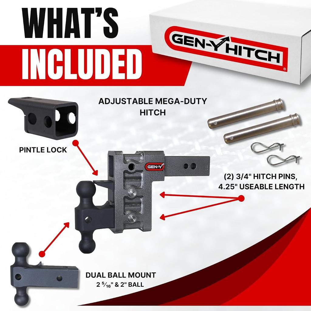 GEN-Y Hitch Tow Hitch for 2.5" Receiver - 6" Drop/Rise with 3 Adjustable Positions, Includes Dual Ball Mount, Pintle Lock and Locking Pins, 32,000 lbs Towing Capacity, 3,500 lbs Tongue Weight, Silver