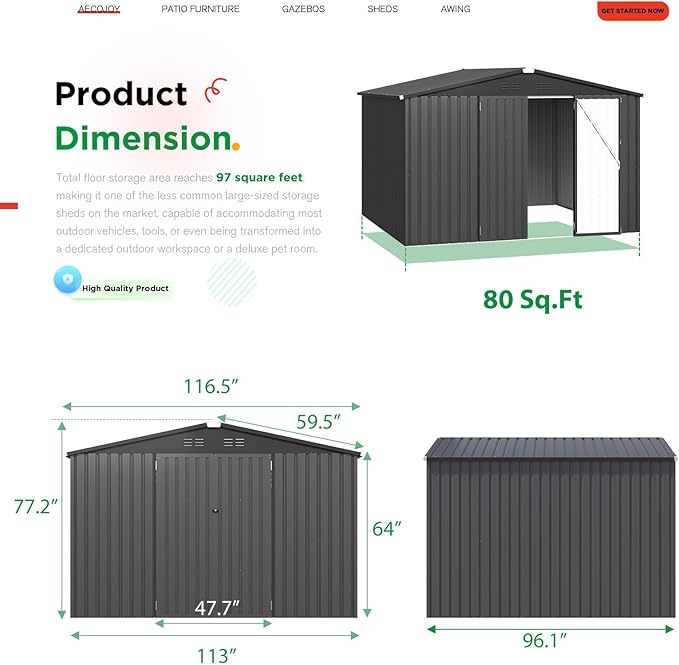 AECOJOY 10' x 8' Shed, Outdoor Metal Storage Shed, Dark Grey Sheds & Outdoor - Image 4