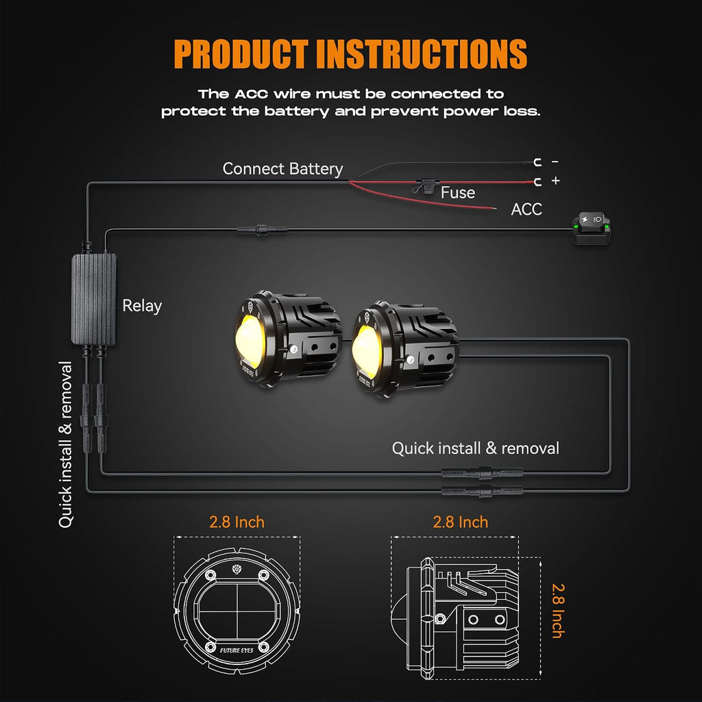 Future Eyes Motorcycle LED Fog Lights, 120W Auxiliary Driving Spotlight, High/Low Beam, Waterproof Off-Road Lights for Night Riding, ATV, UTV, and Motorcycle Headlights