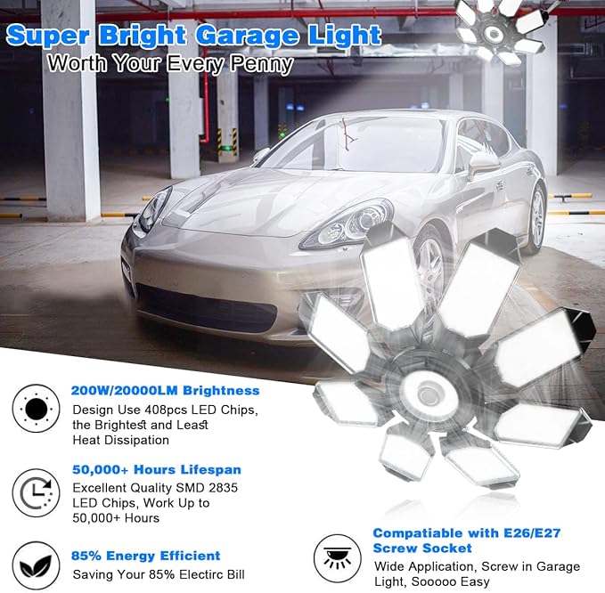 Garage Lights - 40000LM Super Bright Garage Lights Ceiling Led w/ 8 Deformable - Image 2