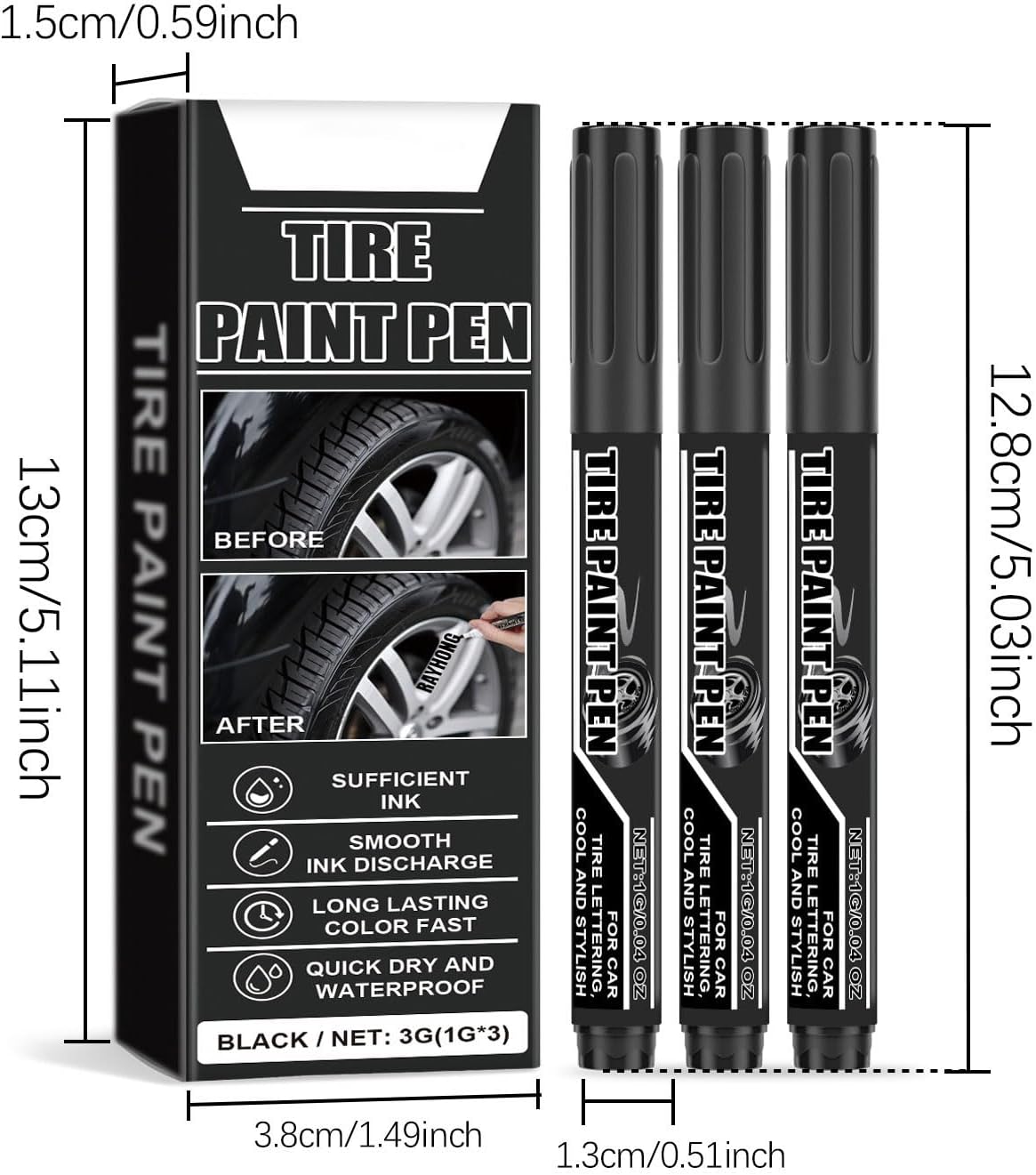 15Pcs Black Paint Pen Car Tires Paint Pen Water Quick Drying Tire Marker for Car Tires Scratch Repair Black Tire Marker