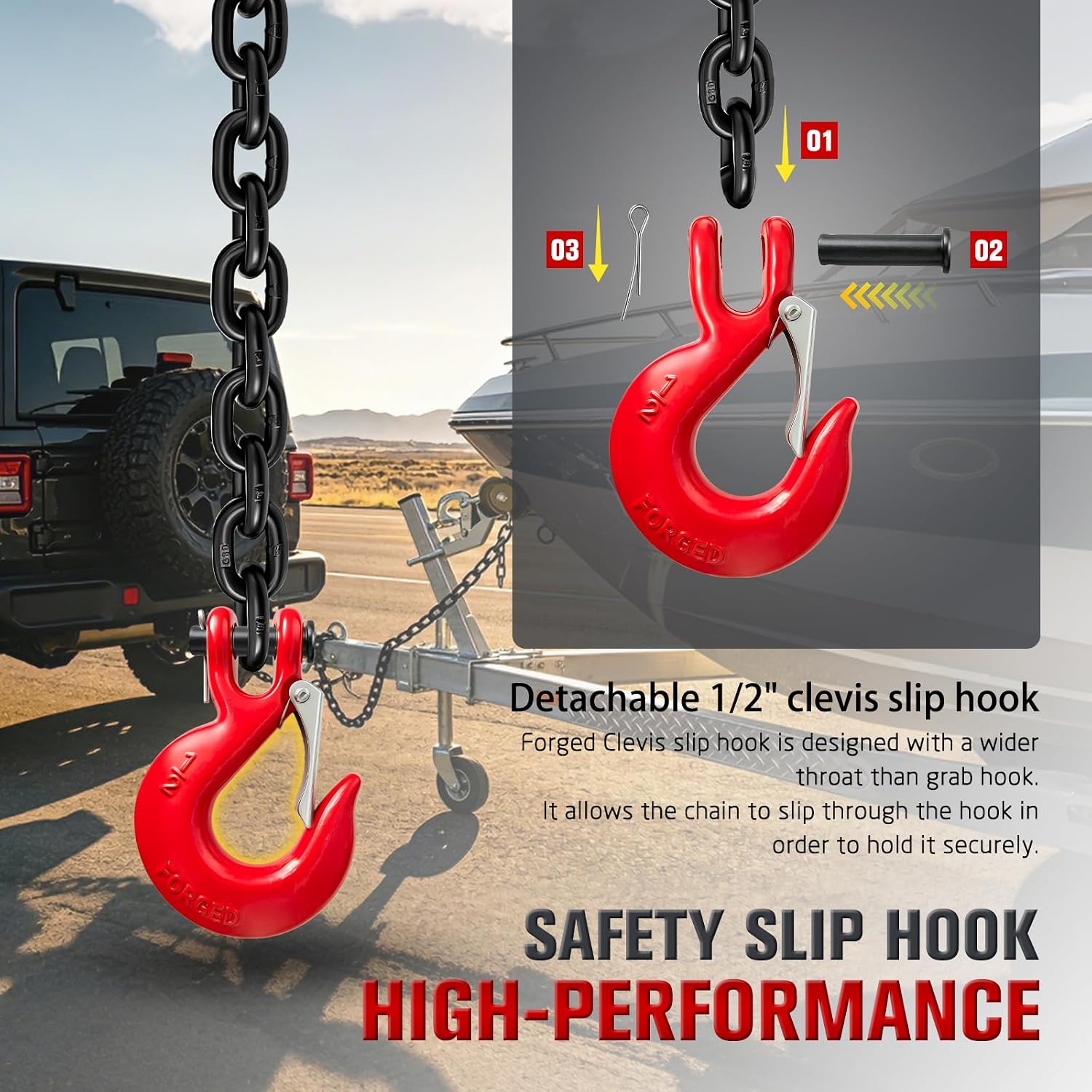 1/2" G80 Trailer Safety Chains with G70 Clevis Safety Hook,36" Tow Chains 12,000 lbs Working Load 48,000 lbs Break Strength Heavy Duty for Boat&Utility Trailers Truck Binding Chains(2 Pack,EP Black)