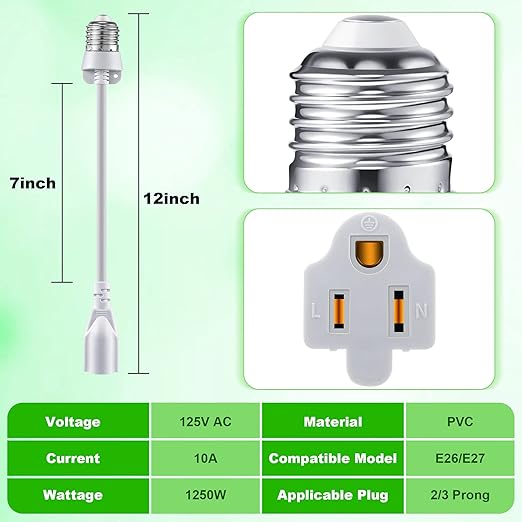 Feekoon 2 Pack 3 Outlet Light Socket Adapter, Convert E26/E27 Bulb Socket to 3 - Image 2