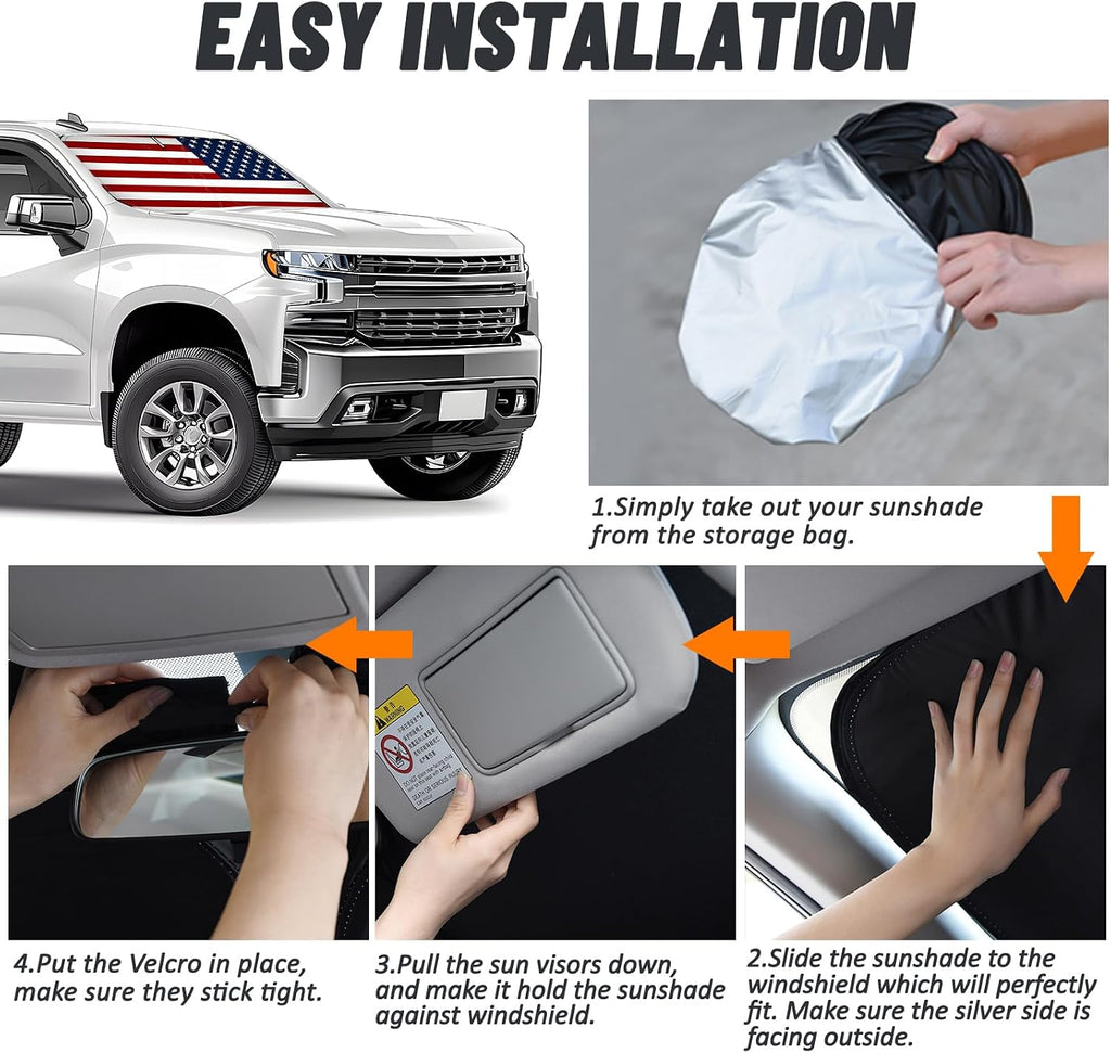 D-Lumina Windshield Sun Shade American Flag for 2019-2025 Chevy Silverado 1500 Accessories, Front Window Sunshade Sun Visor Protector Sun Shield Block UV Rays Heat, Foldable 2 Layers 210T Material