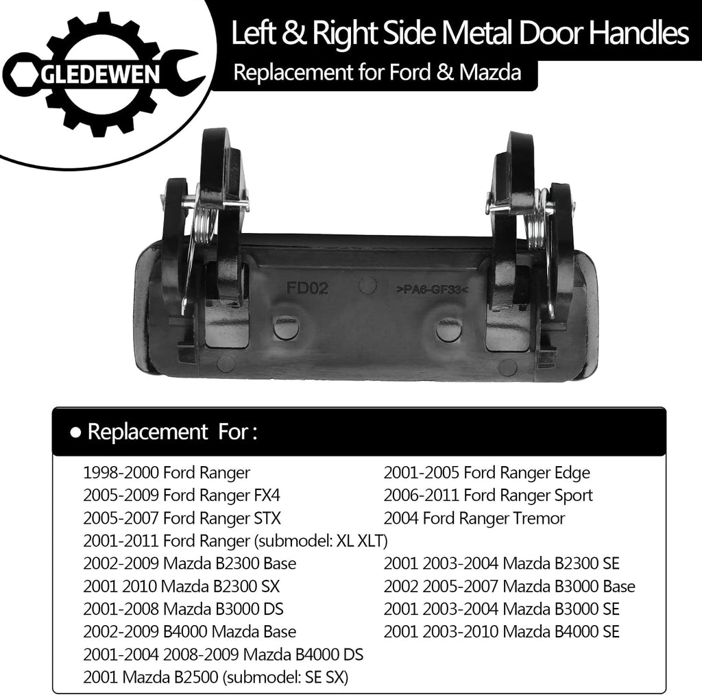 All Metal Exterior Door Handle Set, Compatible with 1998-2011 Ford Ranger, 01-10 Mazda B2300 B3000 B4000, Front Outside Left Driver & Right Passenger Side | Replaces# 2L5Z1022404BAA Outer Handle