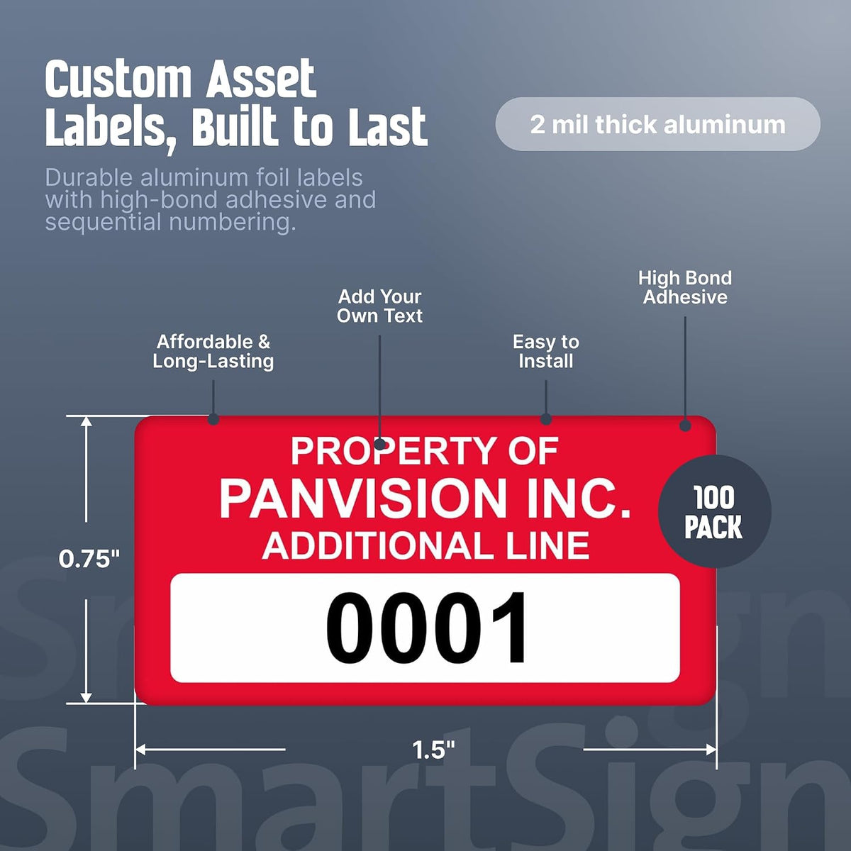 "custom asset labels with sequential numbering" | 0.75" showing dimensions