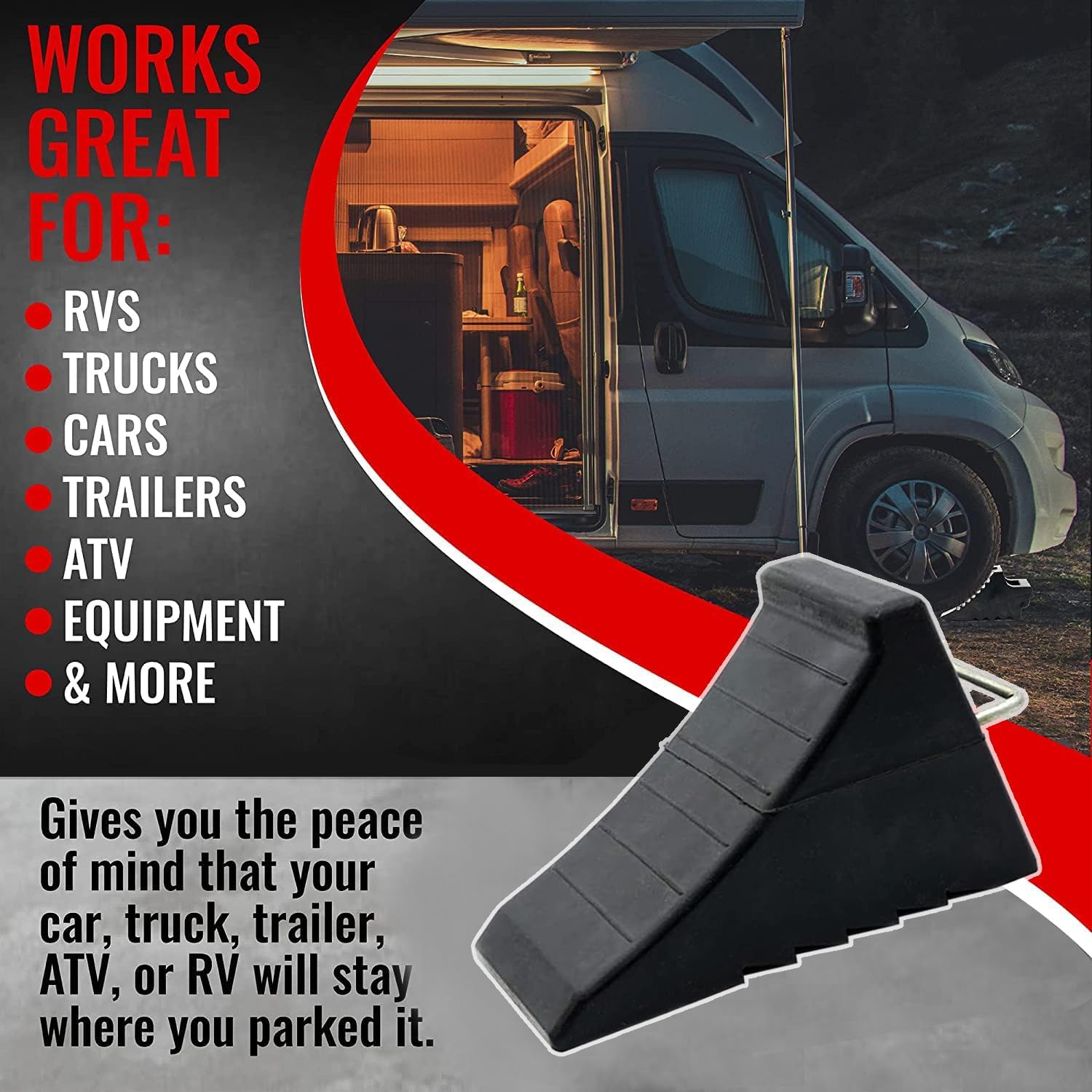 AFA Tooling - Heavy Duty Rubber Wheel Chocks w/Steel Tie Off Handles - RV Wheel Chock for Front & Back Tires - Quick Grip Ribbed Design - Great for Your Camper, Trailer, RV, Truck, Car or ATV - 4 Pack