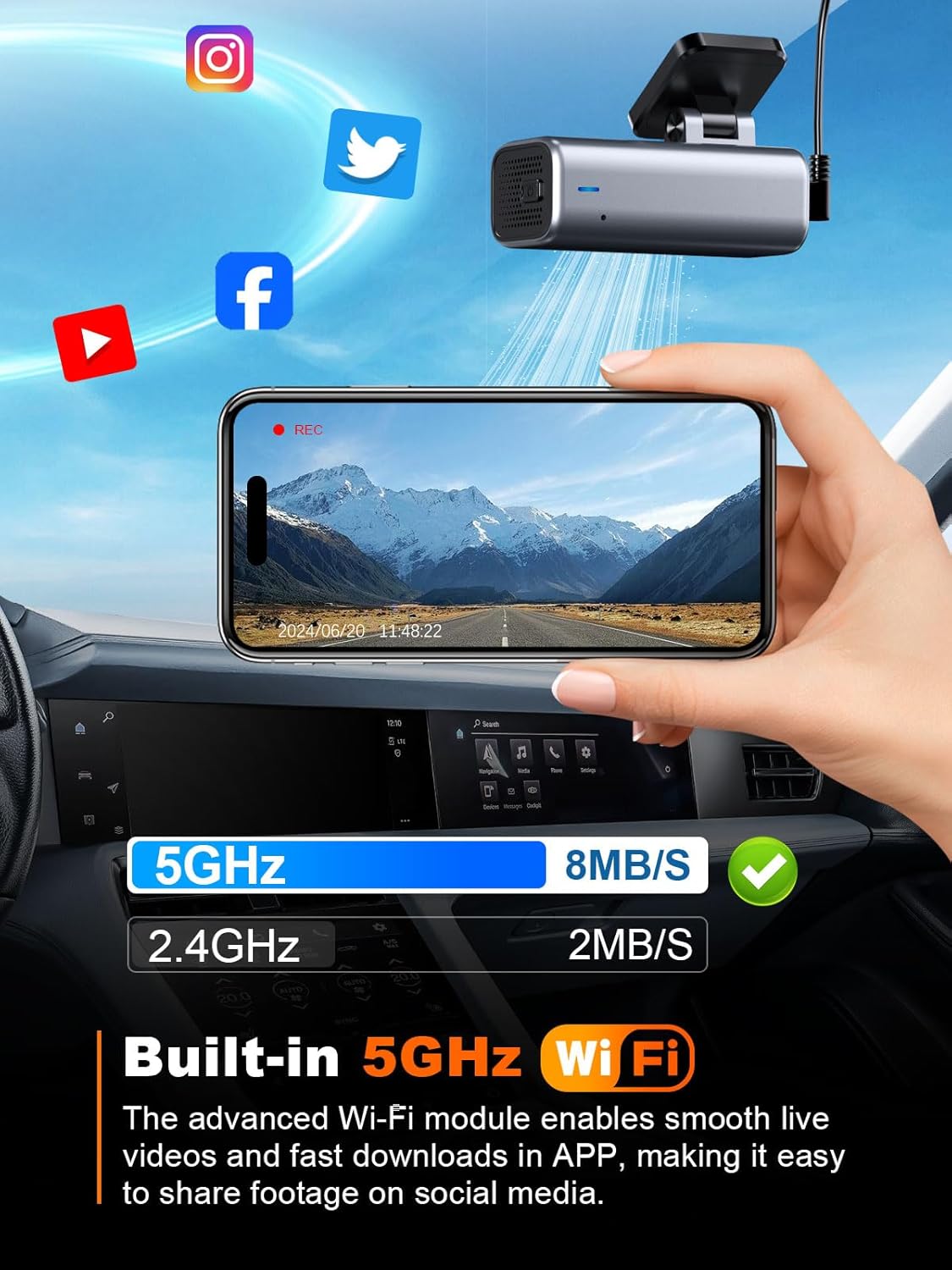 galphi 4k dash cam front, 5ghz wifi, 32gb, side view