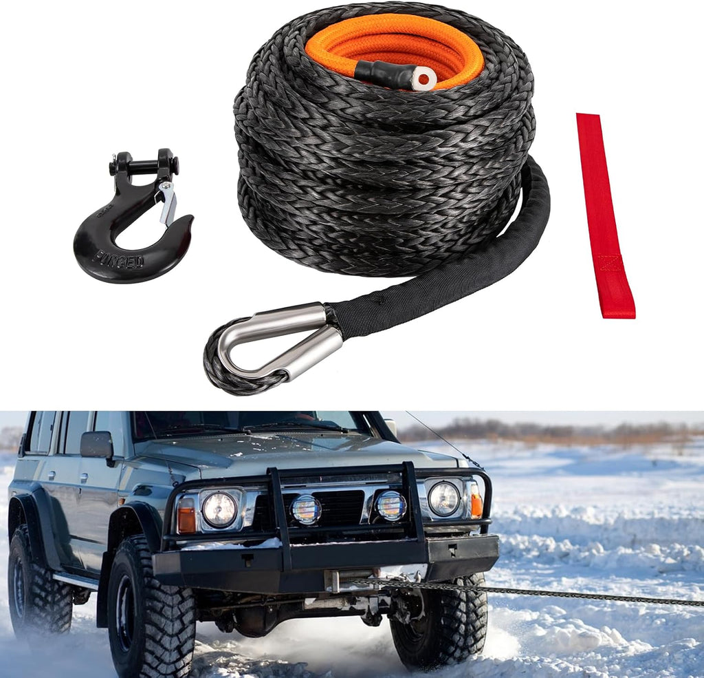 9/16" x76' Synthetic Winch Rope with Hook, Winch Cable with Protective Sleeve, Car Tow Recovery Cable for 4WD Off-Road Vehicle Truck ATV UTV SUV 35,000 LBS Breaking Strength (Orange)