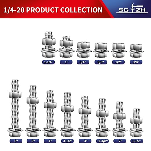1/4-20 x 4" Hex Head Screw Bolt, Flat & Lock Washers, Fully Threaded, by SG TZH - Image 3