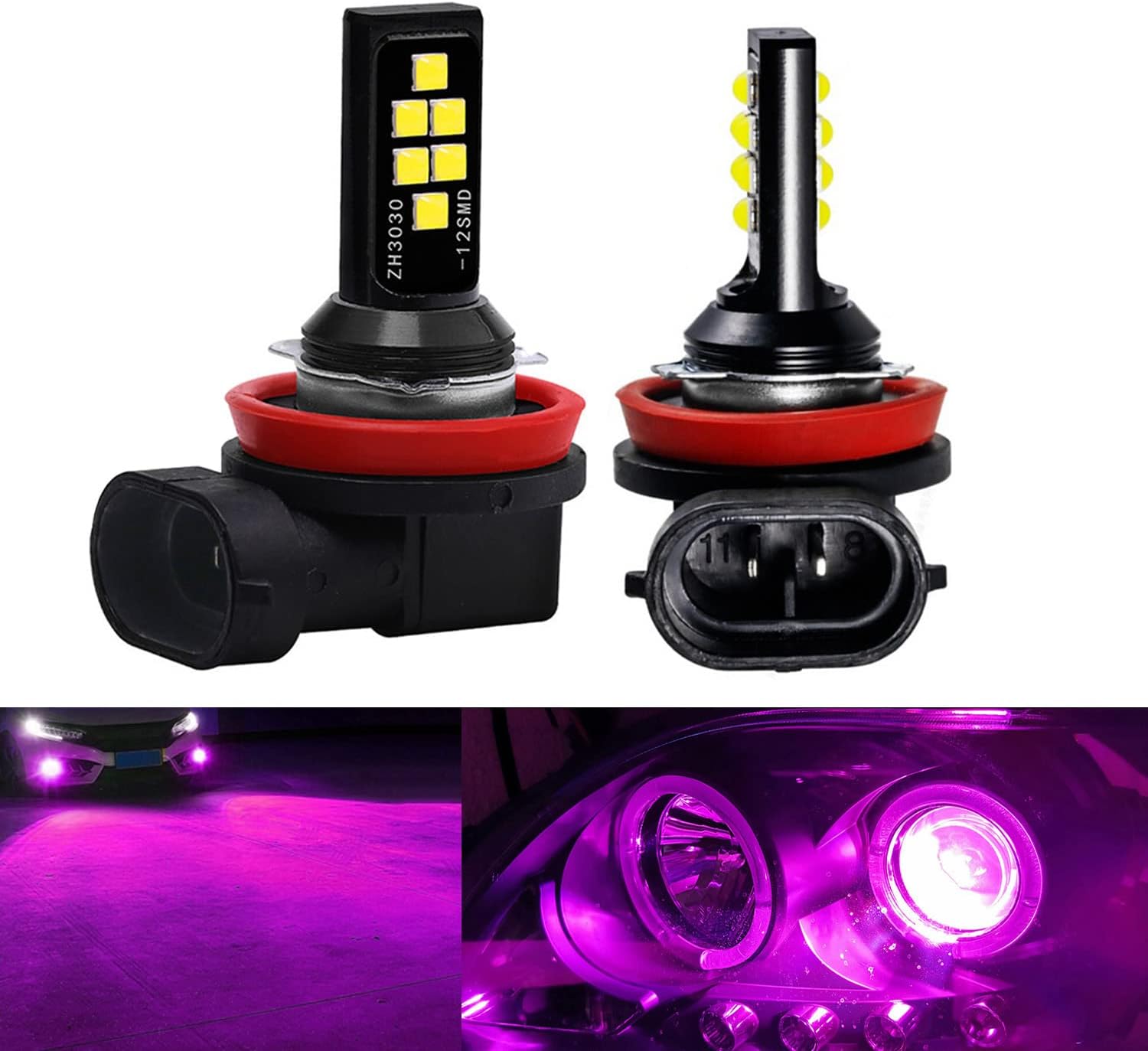 SOCAL-LED LIGHTING 2x LED Fog Light Bulb for Powersports Advanced 3030 SMD Bright Colorful Daytime Running DRL Lamp - H11 (H9, H8), Pink Purple