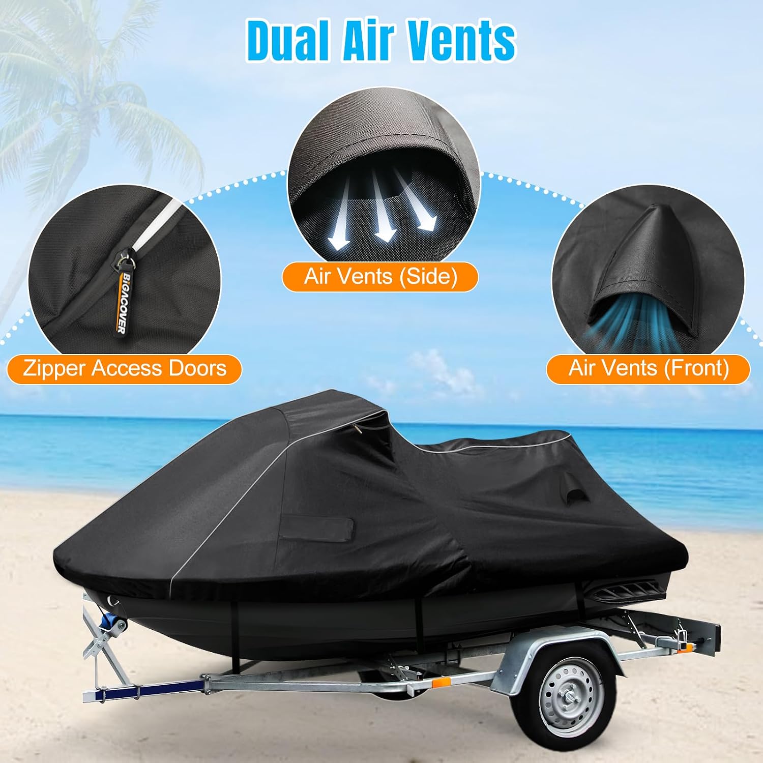 Waterproof Jet Ski Cover for Sea-doo 2010-2025 GTX,RXT,RTX-X,GTX LTD, 600D Oxford UV-Proof Jetski Covers, Trailerable Jetski Cover with Air Vents, Reflective Strips