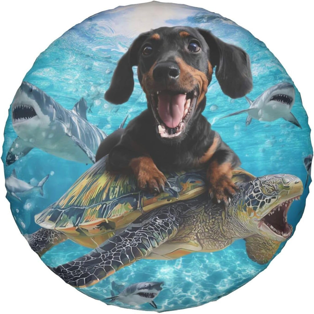 Black Dachshund with Turtle Spare Tire Cover Universal for Rv Suvs Trucks Camper Travel Trailers, Funny Waterproof Polyester Wheel Protector Covers,15 inch