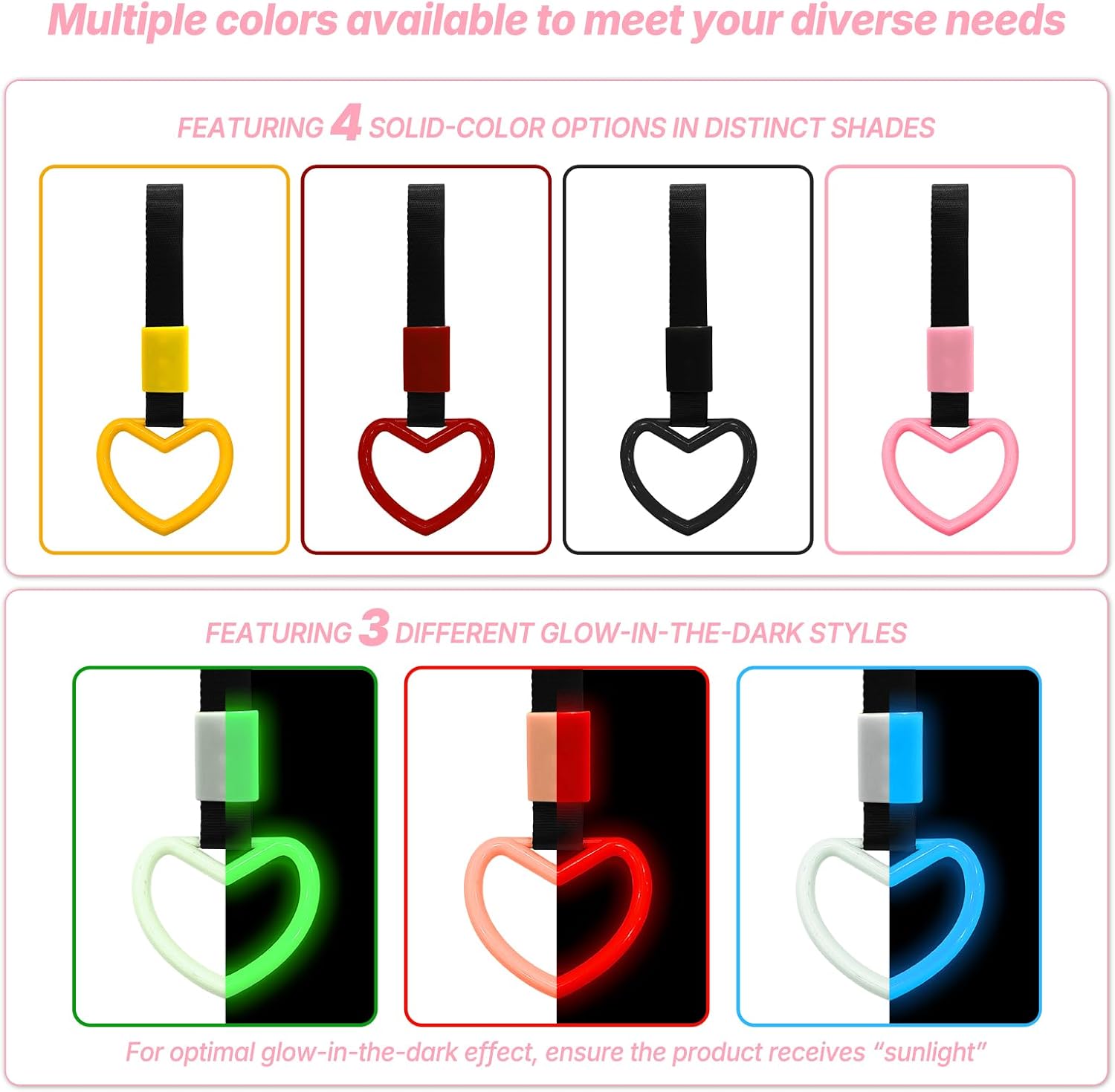 2 Pcs Heart Shaped Car Handle Strap – Drift Charm Rear Bumper Warning Ring Decor for Car Interior Exterior, Subway Bus Handle Accessory, Cute Heart Car Decor Gift for Women & Men (Pink)