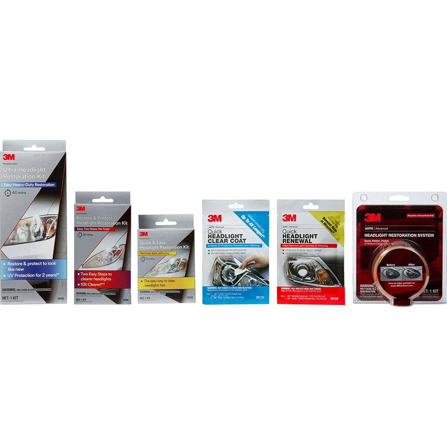 3M Quick and Easy Headlight Restoration Kit, Removes Light Yellowing in 15-Minutes, 39193, 1 Kit