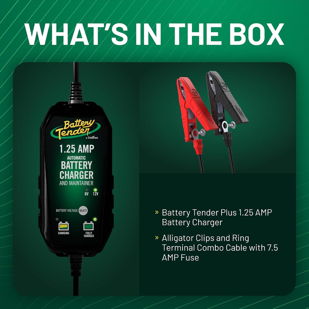 Battery Tender Plus 12V 1.25 AMP Battery Charger and Maintainer: Fully Selectable 6V or 12V Battery Charger and Maintainer for Powersports ATVs, Motorcycles, Snowmobiles, and More - 022-0211-DL-WH