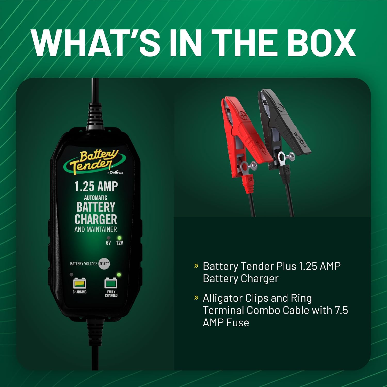 Battery Tender Plus 12V 1.25 AMP Battery Charger and Maintainer: Fully Selectable 6V or 12V Battery Charger and Maintainer for Powersports ATVs, Motorcycles, Snowmobiles, and More - 022-0211-DL-WH
