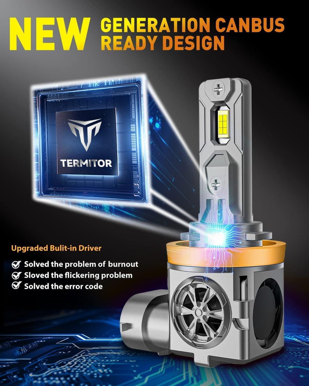 Termitor Upgraded H11/H9 Light Bulbs, 96,000LM Ultra Bright Output, 6500K Cool White, IP68 Waterproof, 1:1 OEM Halogen Size, 3-Minute Plug and Play Installation, Pack of 2