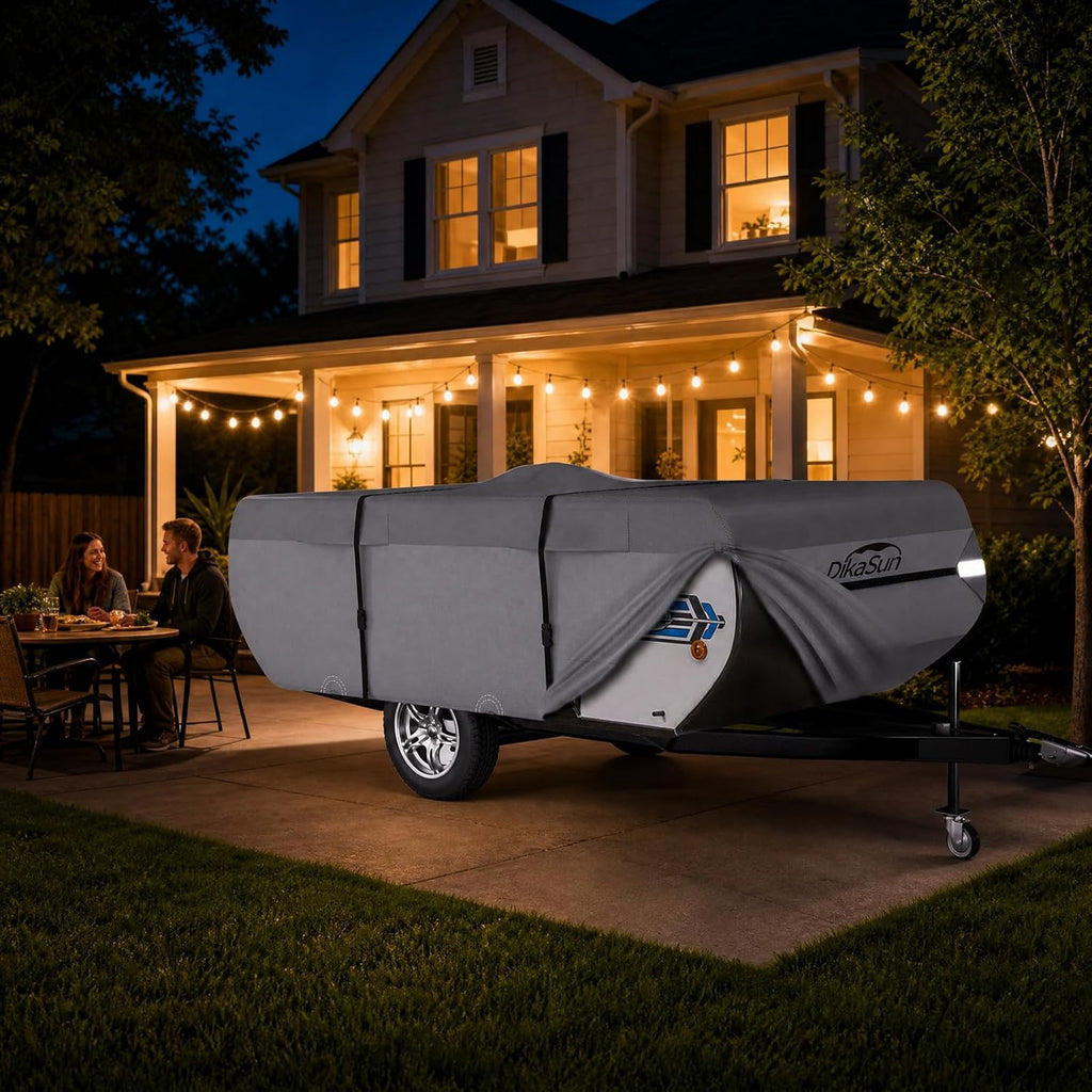 Pop Up Camper Cover 12'-14', 7 Layers Waterproof Pop-up Tent Trailer Cover Anti-UV Folding Camper RV Cover for Motor Home
