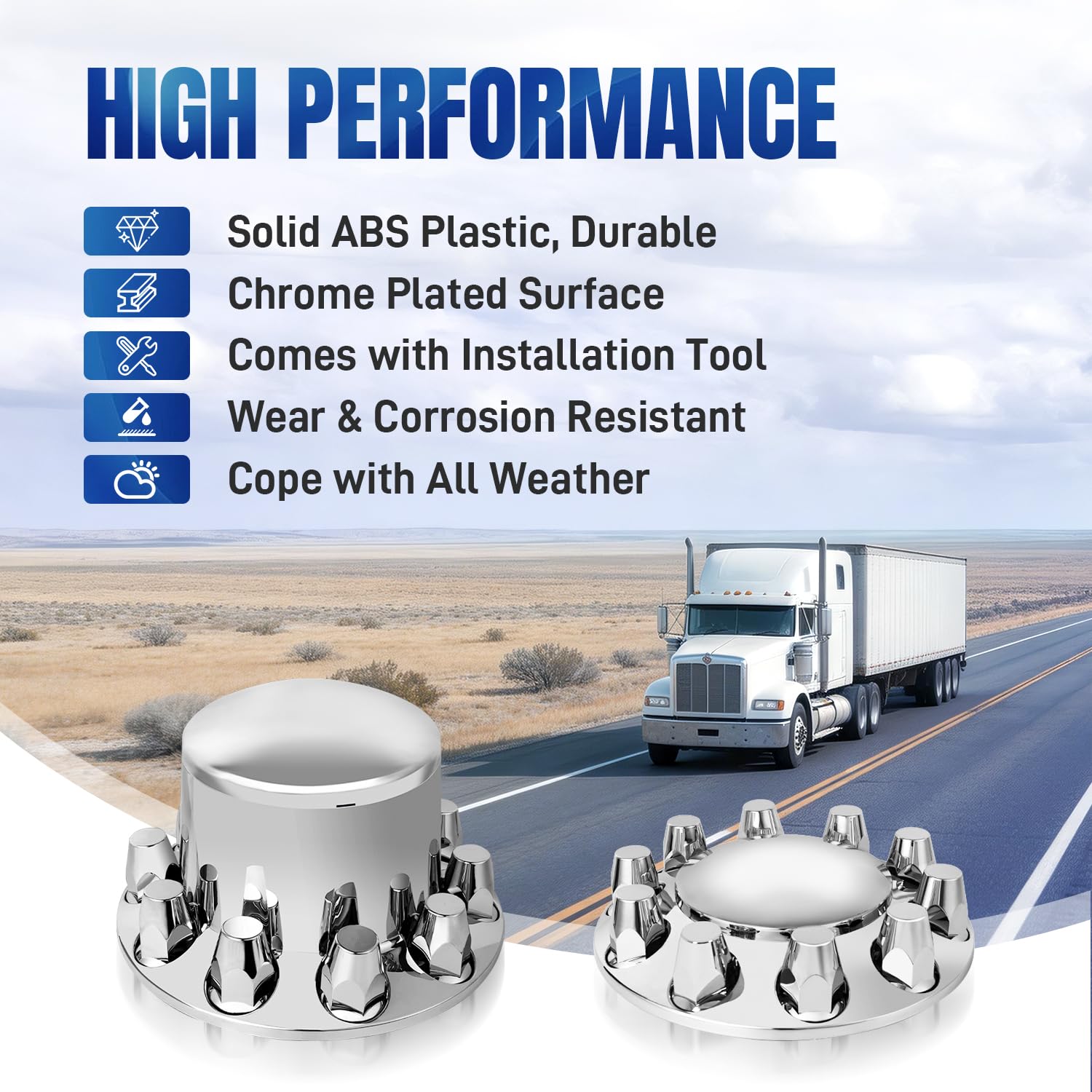 32/33mm Semi Truck Lug Nut Covers Wheel Covers Kit with 2 Front & 4 Rear, ABS Chrome Plastic Thread-On Lug Nut Covers with Installation Tool, Removable Hub Caps Kit for Semi Truck Trailer