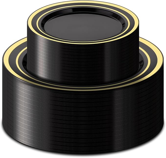 100PCS Black Plastic Plates Set with Gold Rim, 50 10.25 inch Dinner Plates an...