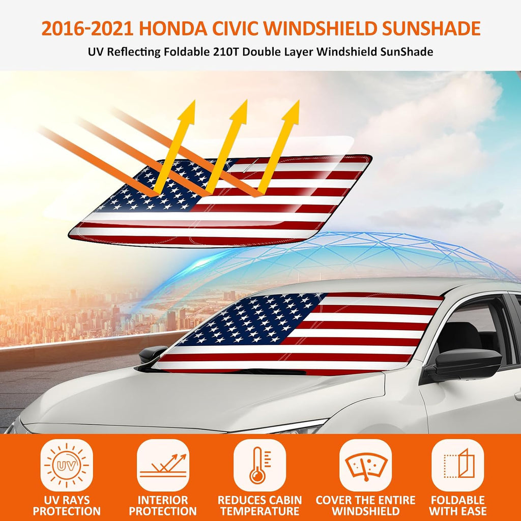 American Flag Windshield Sun Shade for 2016-2021 Honda Civic：Bestview Foldable Front Window Sunshade, Sun Visor Protector Block UV Rays & Heat Reflector, Keep Your Car Cooler, Includes Storage Bag