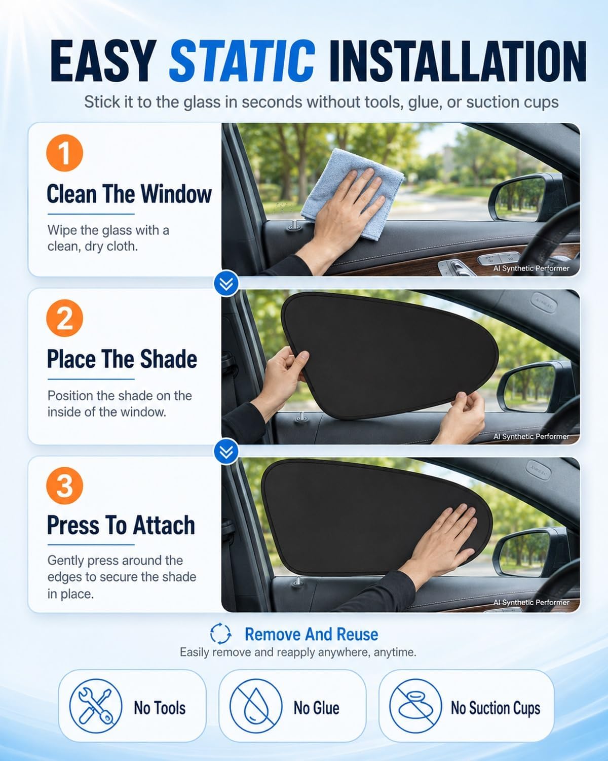 Static Cling Shades for Car Windows, Universal Car Side Window Sun Shades, Foldable Black Gel Electrostatic Sunshades, Front and Rear Static Suction Automobile Blocker(4Pcs Front and Rear)