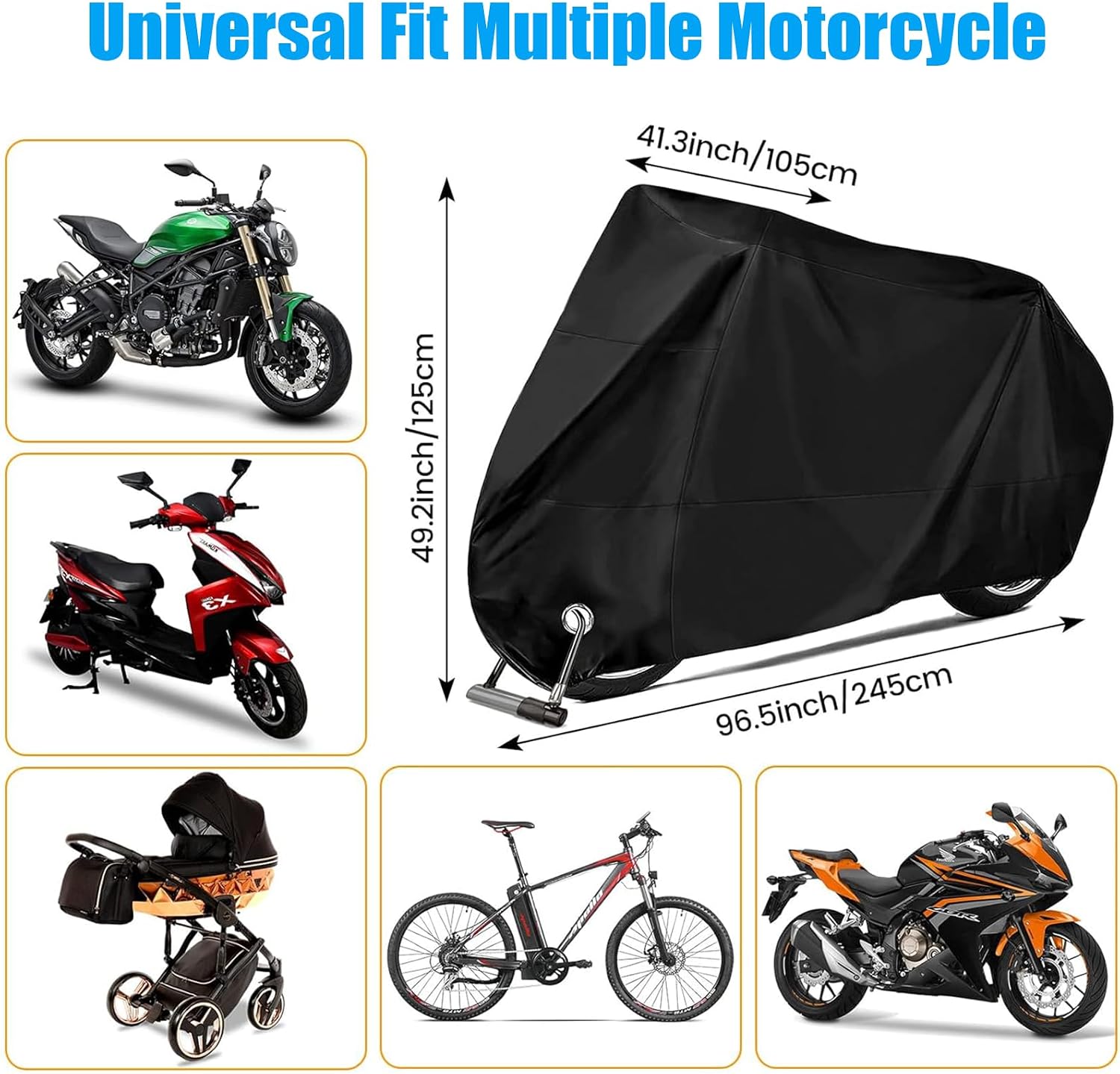 Motorcycle Scooter Cover Waterproof Outdoor - Large Oxford 250cc 150cc 50cc Scooter Cover, Heavy-Duty Motorbike Protection with Lock Holes & Storage Bag Against Dust, Debris, Rain Fit up to 96''