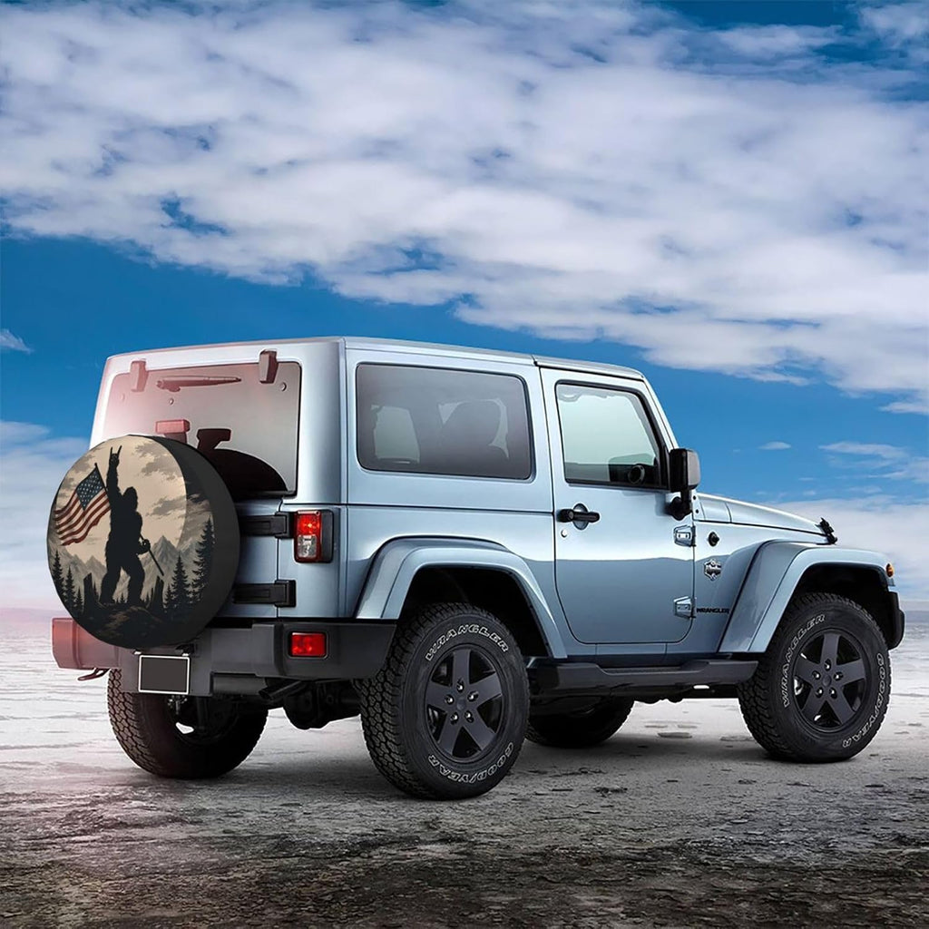 Patriotic Bigfoot Spare Tire Cover for RV Camper SUV Truck, Waterproof Polyester Tire Wheel Cover, Universal Fit Outdoor Spare Wheel Protector with 15in
