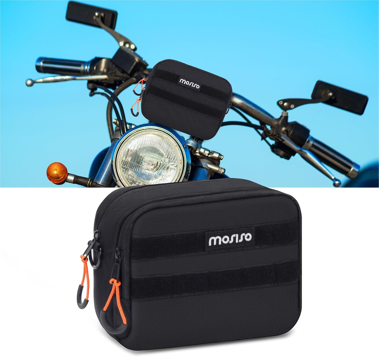 MOSISO Motorcycle Handlebar Bag, Universal Motorcycle Bag for Motor cycle Front Fork, Portable Motor cycle Tool Bags Motorbike Storage Accessory Pouch with Shoulder Strap, Black