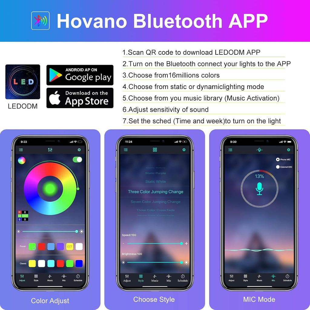 Hovano Car Interior LED Lights, APP Control with USB Port, RGB Color Change with Music Sync & DIY Mode, 48 LEDs Lights for Under Dash Running Board Truck