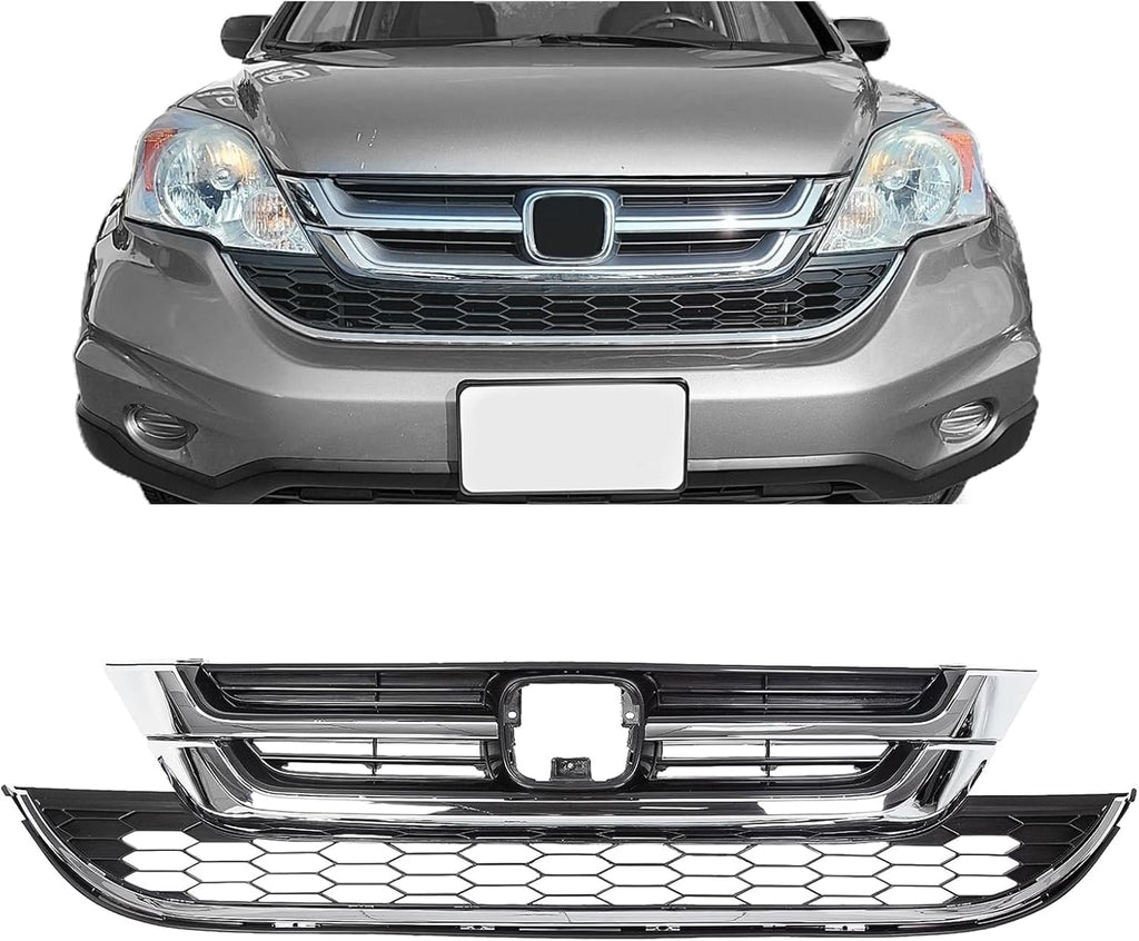 KUAFU Front Bumper Upper & Lower Grille Grill Compatible with 2010-2011 Honda CRV CR-V Replacement for 71123-SWN-H11 71121-SWN-H11 Hood Mesh Radiator Grille Grill Chrome Painted Silvery+Black