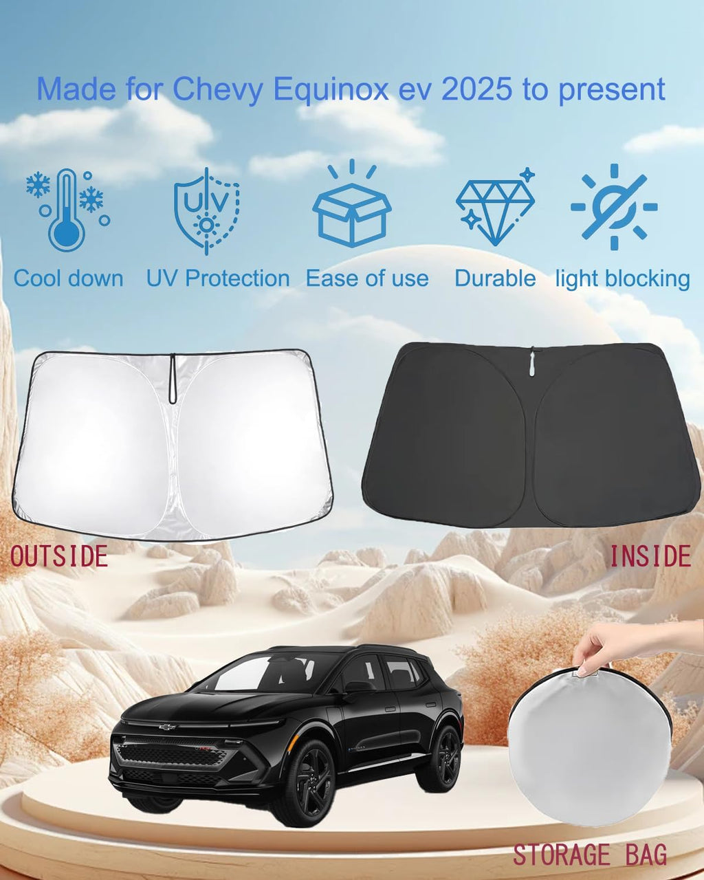 oricarmes Precisely Designed for 2025 2026 Chevy Equinox ev Sunshade 99% UV Blocking Chevy Equinox ev Accessories Windshield Sun Shade Custom Fit & OEM-Approved Design