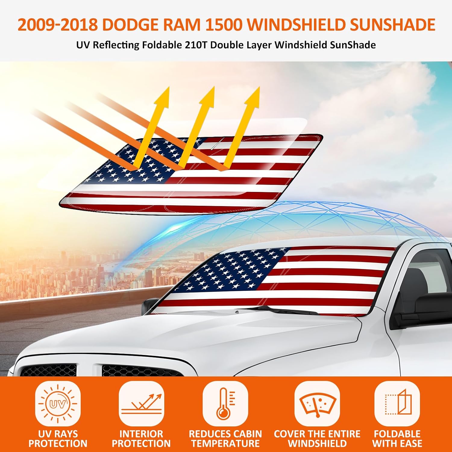 Bestview American Flag Windshield Sunshade for 2009-2018 Dodge Ram 1500，Custom Fit Foldable Front Window Sunshade Sun Visor Accessories Protector Block UV Rays Heat, Keep Your Car Cooler