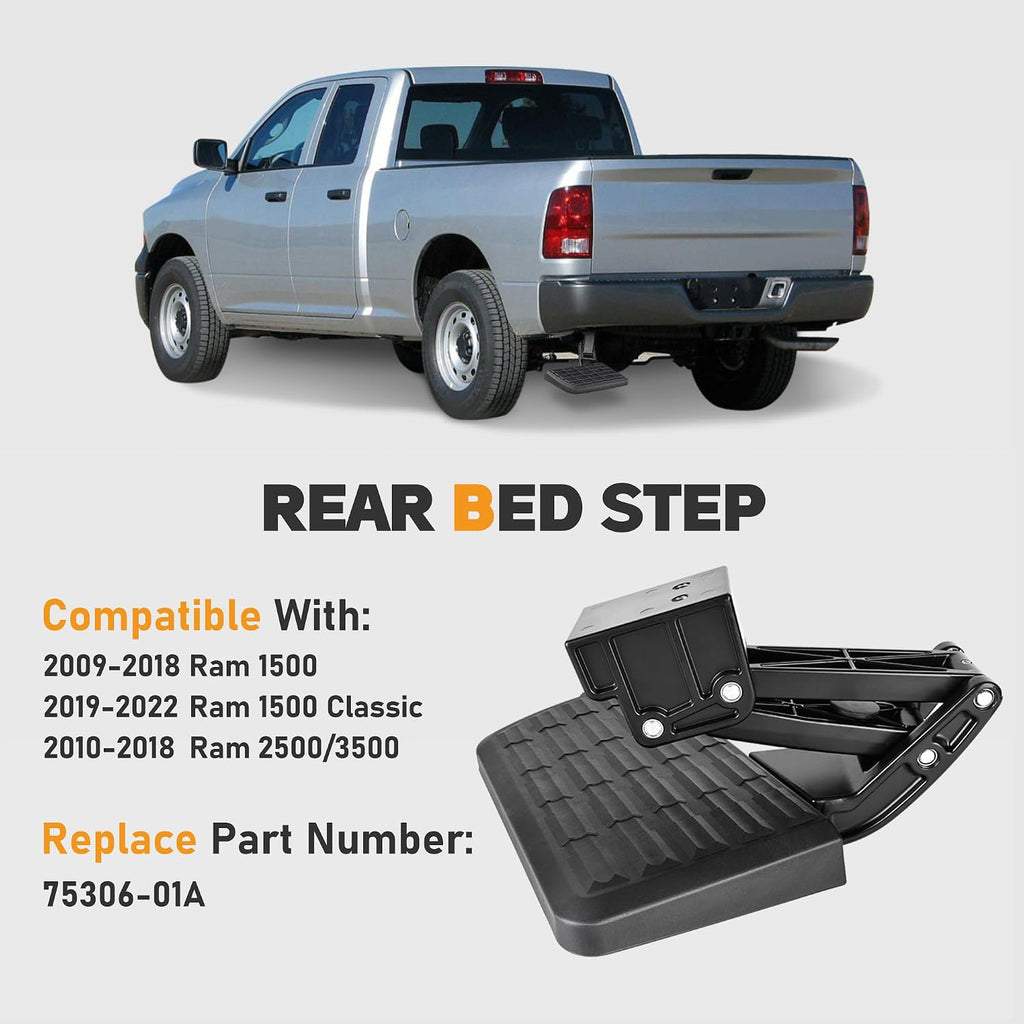 75306-01A Rear Bed Step Compatible with 2009-2018 Dodge Ram 1500, Ram 2500/3500 (Excludes Dual Exhaust & EcoDiesel Models) Retractable Bumper Tailgate Step