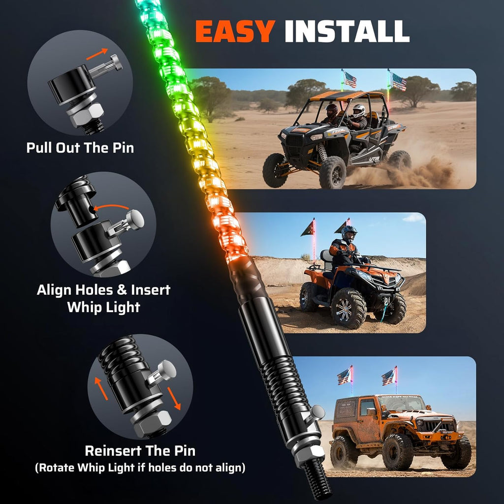 Ehaho 2 PCS 3FT Whip Lights with Spring Base, APP & Remote Control Led Whip Lights for Side by Side, Spiral RGB Chasing Lighted Whips with Rocker Switch, Music Led Whips for UTV ATV RZR SXS Can-Am