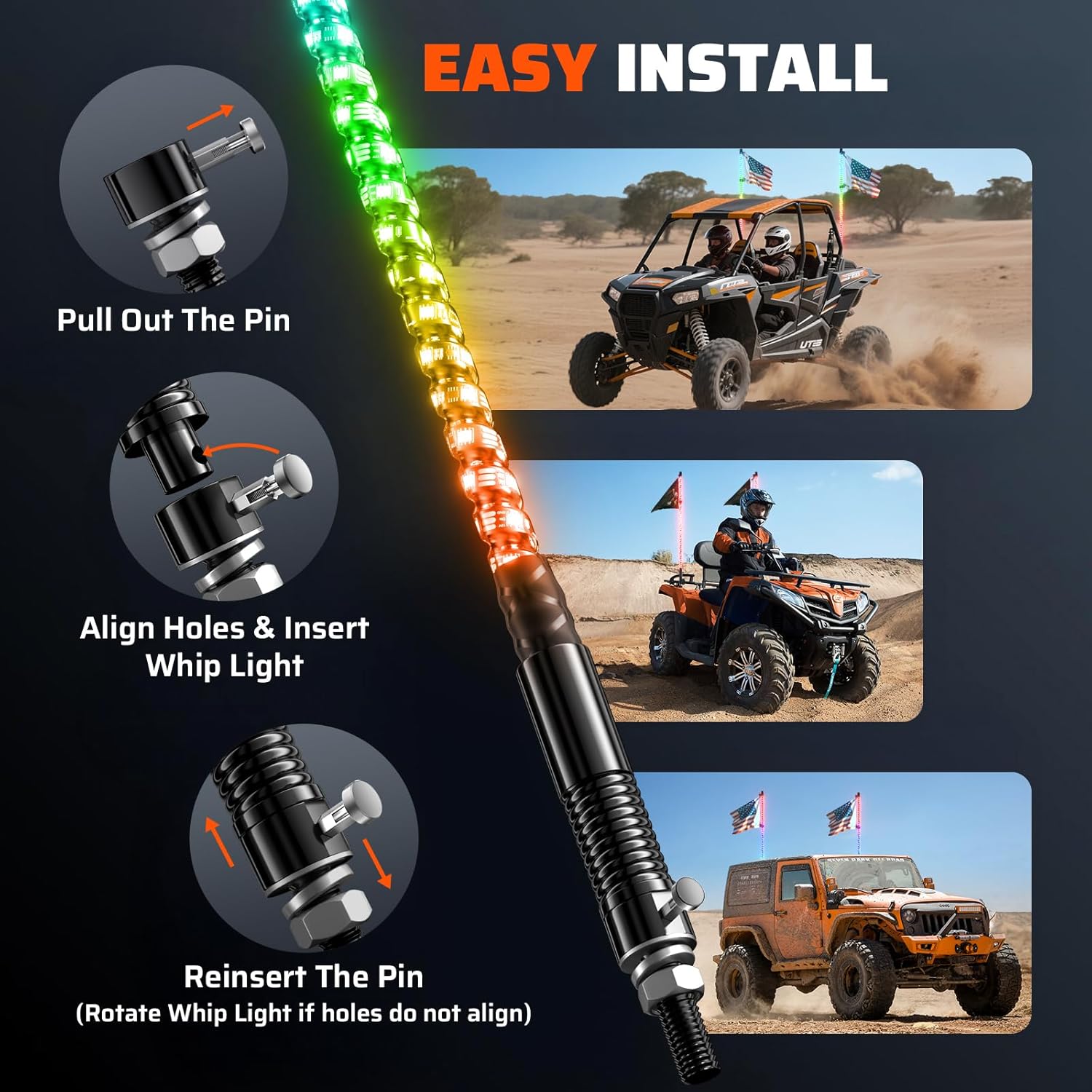 Ehaho 2 PCS 3FT Whip Lights with Spring Base, APP & Remote Control Led Whip Lights for Side by Side, Spiral RGB Chasing Lighted Whips with Rocker Switch, Music Led Whips for UTV ATV RZR SXS Can-Am
