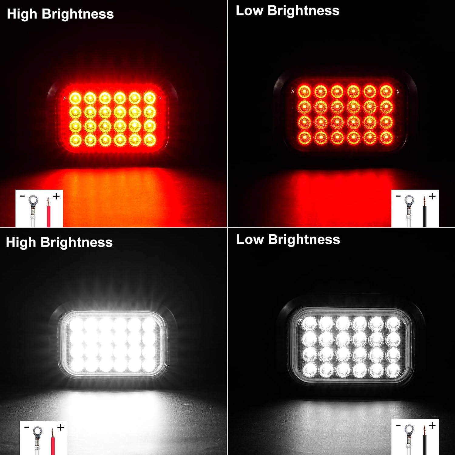 6PCS 5x3 Inch 24 LED 4 Red Stop/Turn/Tail/Lights 2 White Backup Reverse Lights Rectangle Truck Trailer Tail Lights w/Grommets & 3 Wire Pigtail Plug