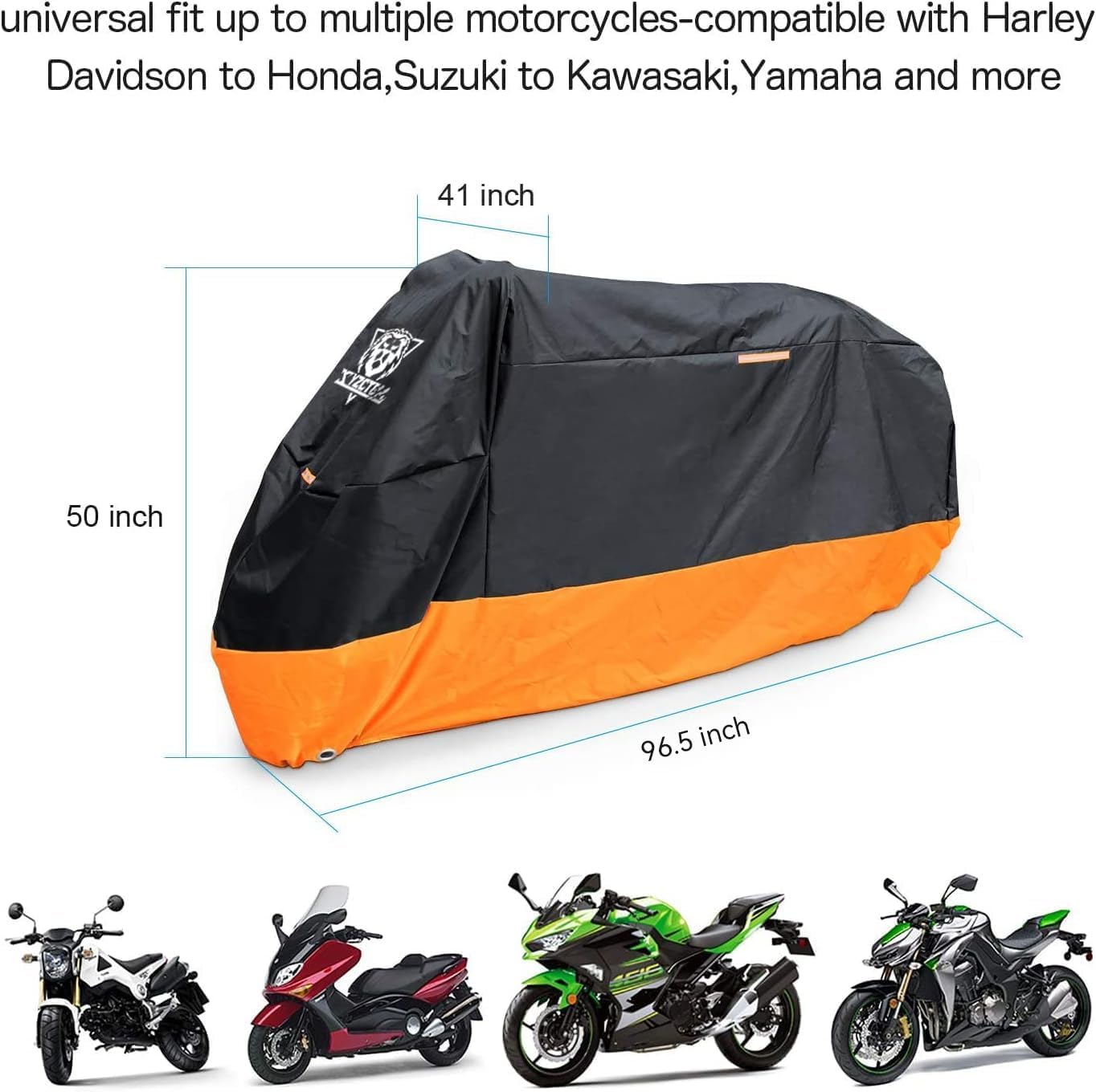 XYZCTEM Motorcycle Cover – All Season Waterproof Outdoor Protection – Precision Fit up to 96.5 Inch Tour Bikes, Choppers and Cruisers – Protect Against Dust, Debris, Rain and Weather(XL,Black& Orange)