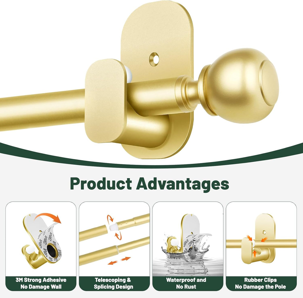 usfook gold no drill curtain rods for windows, close-up detail