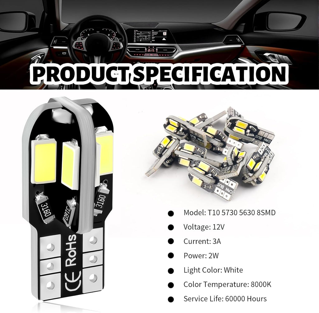 10PCS Interior Car Lights,12V T10 LED Bulb Car Interior Light with High Bright White,Universal Cars LED Lights as License Plate/Reading/Map/Dome Light Cars Accessories