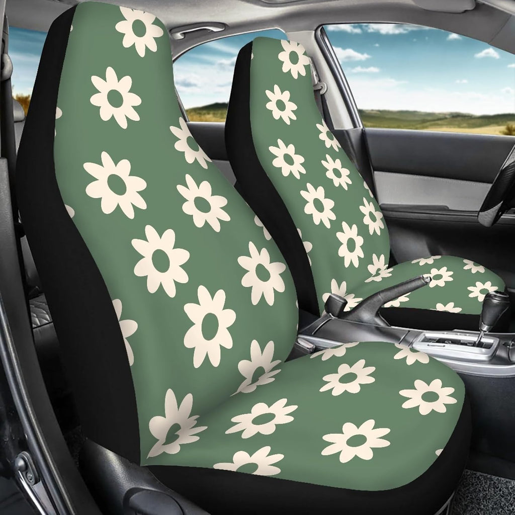 green groovy flower auto seat cover set 2 showing dimensions