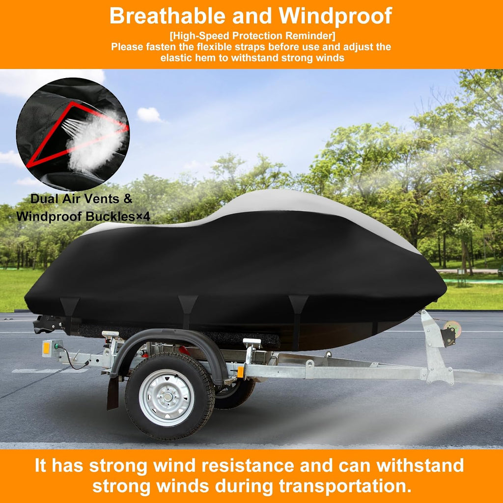 Jet Ski Cover 3 Seater,Upgraded 900D Heavy Duty Waterproof Waverunner Cover,2 Air Vent Marine Grade UV Resistant for Seadoo,Kawasaki,Waverunner Polaris from 136" to 145"(Black&Silver)