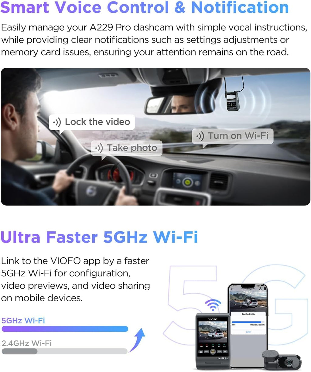 viofo a229 pro 4k hdr dash cam front showing dimensions