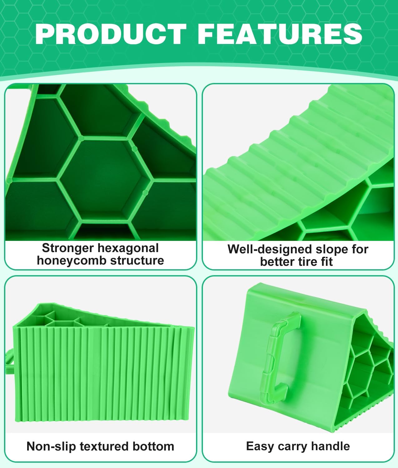 PAHTTO Wheel Chocks 4 Pack, RV Chocks with Handles for RV Trailer Camper Car Truck, Wheel Block Stopper for Tire, Strong RV Wheel Chocks Hexagonal Honeycomb Structure, RV Trailer Accessories, Green