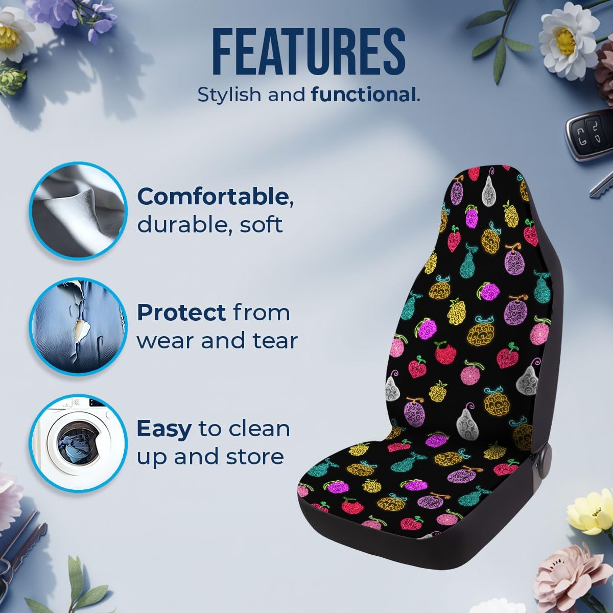 genany fantasy fruit pattern car seat covers, 2-piece showing dimensions