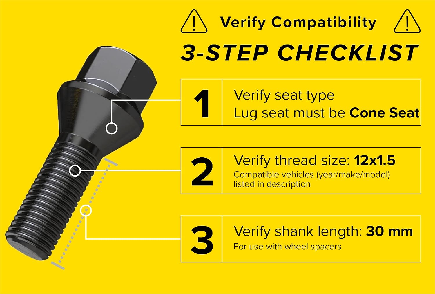 10pcs Extended Black 12x1.5 Lug Bolts (30mm Shank Length, Cone Seat) Not OEM Length - Compatible with BMW 128i 135i 318i 320i 325i 328i 335i M3 525i 528i 530i 535i M5 Z3 Z4 E36 E46 E60 E90 E92 E93
